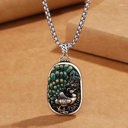 Pendants Retro Coloured Enamel Peony Flower Peacock Pendant Necklace Female Jewellery Ethnic Style S925 Silver Chain Women