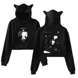Milo J 111 Album Tour Merch Crop Top Hoodie Women Y2K Streetwear Hip Hop Kawaii Cat Ear Harajuku Cropped Sweatshirt