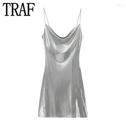 Casual Dresses 2024 Silver Slip Dress Woman Backless Sexy Mini Party Night Short Summer Sleeveless Prom Evening