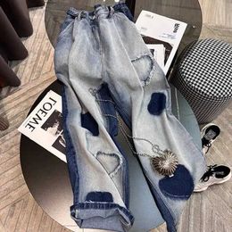 Women's Jeans Splicing Love wide leg jeans for womens 2023 autumn new design niche loose floor pants J240217
