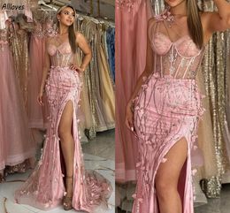 Pink 3D Flowers Mermaid Prom Dresses Aso Ebi One Shoulder Sequined Lace Women Special Occasion Dress Sexy Thigh Split Vestidos Second Reception Evening Dress CL3297