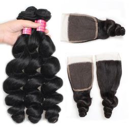 Meetu Brazilian Loose Wave Human Hair Bundles with 4x4 Lace Closure Virgin Weave Extensions for Women All Ages 828inch Natural Bl48042000