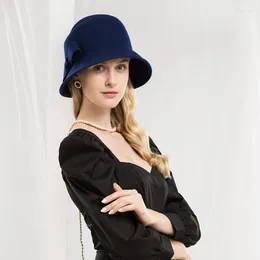 Berets Lady Royal Navy Fedoras Hat Female Wool Bowler Dome Cap Adult Fedora Hats Elegant Women Bowknot Chapeau A11