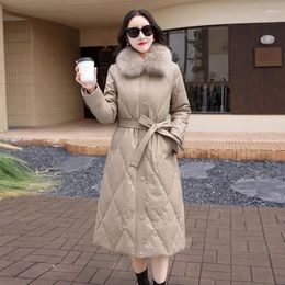 Women's Leather Women Long Down Coat Winter Fashion Warm Real Fur Collar Sheepskin Jacket Split Casual Outerwear
