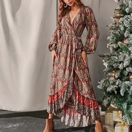 Casual Dresses V Neck Bohemian Print Dress Women'S Fall Long Sleeved Slit Temperament Chiffon Vestidos Para Mujer