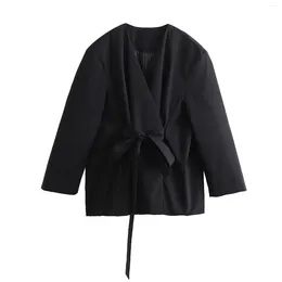 Women's Suits Black Kimono Blazer For Woman Fashion Front Tie Outerwears Women Autumn Long Sleeves Coats Female Elegant V-Neck Jackets