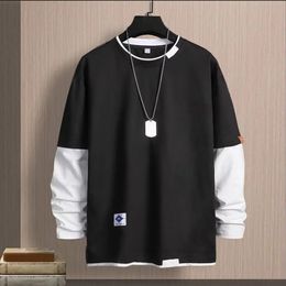 Men Spring Tshirt Fake Twopiece Round Neck Long Sleeves Top Young Style Contrast Colour Loose Mens Clothing 240130