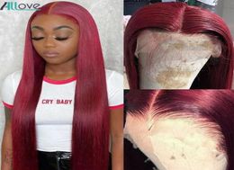 Allove 30 32 Inch 99j Coloured Wig Burgundy Colour Straight PrePlucked Human Hair Wigs Transparent HD Lace Front Wig Body Wave for 9741618