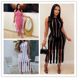 2024 Designer Sexy Hollow Out Dresses Summer Women Sleeveless Tassels Long Dress See Through Bodycon Maxi Dress Night Club Wear Wholesale Clothes