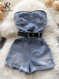 Women's Jumpsuits Rompers SINGREINY 2022 Women Playsuit Summer Sexy Off Shoulder Wide Leg Short Denim Rompers Fashion Backless Streetwear J240202