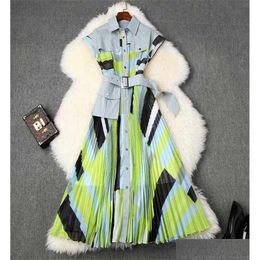 Basic Casual Dresses Dresseshigh Quality Dress Summer Designer Woman Clothes Fashion Turn Down Collar Shirt Patchwork Print Midi Pleat Ot0Mq