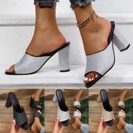 Sandals Fashion Womens Chunky High Heels Breathable Slip On Rhinestone Shoes Casual