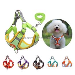 Dog Collars Leashes No-Pl Veet Deerskin Dog Harnesses With Leashes Set Adjustable Refletive Vest Dogs Harness Front Clip Puppy Chest Dhubl