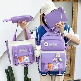 School Bags 4pcs Cute Student Schoolbag Canvas Contrast Color Backpack Teenage Girls Large Capacity Bag Leisure Travel Handbag