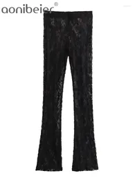 Women's Pants Aonibeier Y2K Sheer Women Skinny Flared 2024 Spring Black Hollow Out Elastic High Waisted Lace Pant Female Trousers