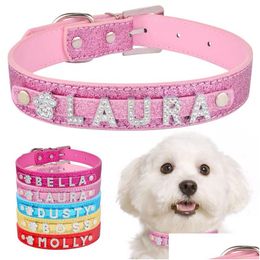 Dog Collars Leashes Pu Leather Custom Dog Collars With Rhinestone Personalized Name Letters Diamante Jewelry Gems Diy Pet Tag Clogo Dhc2O