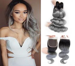 1B Grey Ombre Hair Weave Bundles With Closure Body Wave Brazilian Virgin Hair 1018inch 3 Bundles With 4x4 Lace Closure Remy Hair 2190851