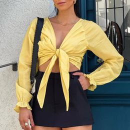Women's Blouses Spring Sexy And Elegant V-neck Raglan Sleeve Tie Up Cardigan Shirt Fashion Versatile Cotton Linen Clothing