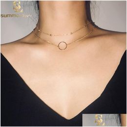 Pendant Necklaces 2Pcs/Set Gold Chain Circle Pendant Chokers Necklaces For Women Simple Copper Beaded Short Necklace Fashion Dhgarden Dhvfh