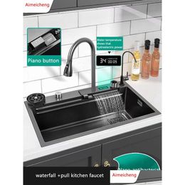 Kitchen Sinks Waterfall Sink Stainless Steel Topmount Large Single Slot Wash Basin With Mtifunction Touch Faucet 230616 Drop Delivery Dh4M6