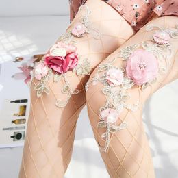 Women Pantyhose Handmade Embroidery Pink Flower Sexy Style Fishnet Mesh Stockings Elegant Senior Tights