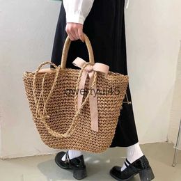 Shoulder Bags Summer Female Travel Beac Bag Bow Decors Bucket Soulder andmade Straw ollow out Vintage andbags BolsaH24217