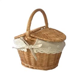Wicker Basket with Handle DoubleLid Camping Picnic Handmade Weaving Storage Hamper Outdoor Fruit Holder 240223