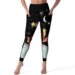 Women's Leggings Little Sexy Moon Star Print Gym Yoga Pants Push Up Stretch Sports Tights Pockets Aesthetic Graphic Leggins