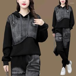 Women's Two Piece Pants 2024 Spring Autumn Fashion Set Versatile Loose And Slim Spliced Denim Hooded Long Sleeve Printed Lady Clothing