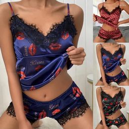 Women's Sleepwear Summer Women Sexy Pyjamas Set Satin Silk Deep V-Lace Cami Vest Home Clothes Tops And Shorts For Female Camisole Skirt
