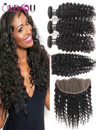 Mink Brazilian Deep Wave Virgin Human Hair Weave Bundles with Closure 3 Bundles Deep Curly Deals with Lace Frontal Bundles Hair Ex6498596