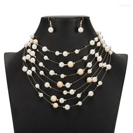 Necklace Earrings Set Pearl Jewellery Imitation Multi-layer Chain For Women Sets Wedding Party Gifts