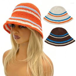 Berets Sweet Girls Crochet Stripe Pattern Bucket Hat Ladies Fisherman Cap Color Matching Woman Teens Winter Windproof