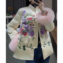 Ethnic Clothing Chinese Style Women's Winter Retro Phoenix Embroidery Fur Spliced Cuffs Acetate Fabric White Duck Down Jacket S-XXL