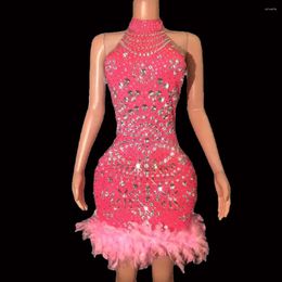 Stage Wear Shiny Sequins Feathers Backless Rhinestone Short Dress Women Sexy Evening Celebrate Birthday Club Dance Po Shoot Gowns