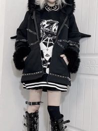 Women's Hoodies Harajuku Y2k Vintage Sweatshirt Jackets Women Rivet Patchwork Black Gothic Coat Demon Wings Punk Aesthetic Grunge Jacket