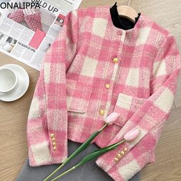 Onalippa Contrast Pink Plaid Wool Coat O Neck Single Breasted Loose Jackets Small Fragrance Metal Buttons for Women 240202