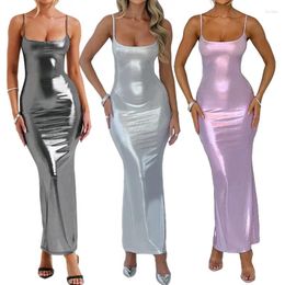 Casual Dresses WPNAKS Women Long Bodycon Dress Evening Party Summer Clothes Solid Colour Metallic Sleeveless Camisole Backless