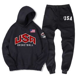 Men's Tracksuits U.S.A Basketball Street Printed Sportswear Men 14 Colors Warm Two Pieces Set Loose Hoodie Sweatshirt + Pants Set Hooded Jacket T240217