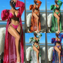Kadın Mayo 3 Pack ile Kimono ile Kadınlar Tropik Baskı Bikini Mayo Plajı Kapak Yular Set Plaj Giyim