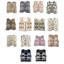 Women's Vests Boho Women Crochet Knit Vest Waistcoat Floral Pattern Sleeveless V-Neck Cardigan N7YE