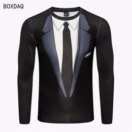 Men Fake Twopiece TShirts 3D Bow Tie Print Casual T Shirts Autumn Long Sleeve ONeck Loose Cotton Tops Male Suit Tshirt 240201