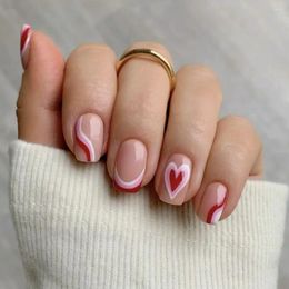 False Nails 24PCS Valentine's Day Nail Red Love Heart Short Square Fake Detachable French Tips Women Girls Wearable Manicure