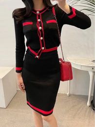 New Autumn Womens Office Knitted Ski Set Long sleeved Pocket Open Top+High Waist Mini Knitted 2-piece Set 240217