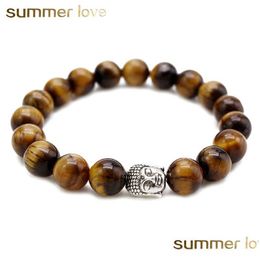 Perlen Neueste Einstellbare Größe Tigerauge Stein Perlen Armbänder Für Männer Frauen 10mm Buddha Perlen Armband Modeschmuck GIF Dhgarden Dhjm9