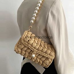 Shoulder Bags 2023 Handmade Rope Crochet Womens Bag Designer Knitting Crossbody for Women Handbags Pearls Chains Sling ToteH24217