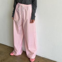 Women's Pants Women Y2k Striped Print Casual Loose Fit High Waist Drawstring Wide Leg Vintage Streetwear Lounge Pink