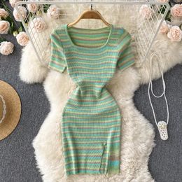 Party Dresses Korean Chic Striped Knitting Dress Women Fashion Square Collar Short Sleeve Slim Split Mini Bodycon Summer 2024