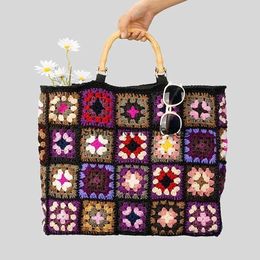 Totes Vintage Crochet Granny Square Tote Bag Designer Bamboon Handle Women Handbags Knitted Handmade Woven Big Shopper Purses 2023H24217