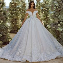 Gorgeous Beaded Wedding Dresses Appliqued Lace Bridal Gowns Off The Shoulder Plunging Neckline A Line Sweep Train Tulle Vestido De Novia